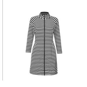 CABI Small Tunic Jacket Black White Stripe Byline Jacket Zip Stretch Pockets